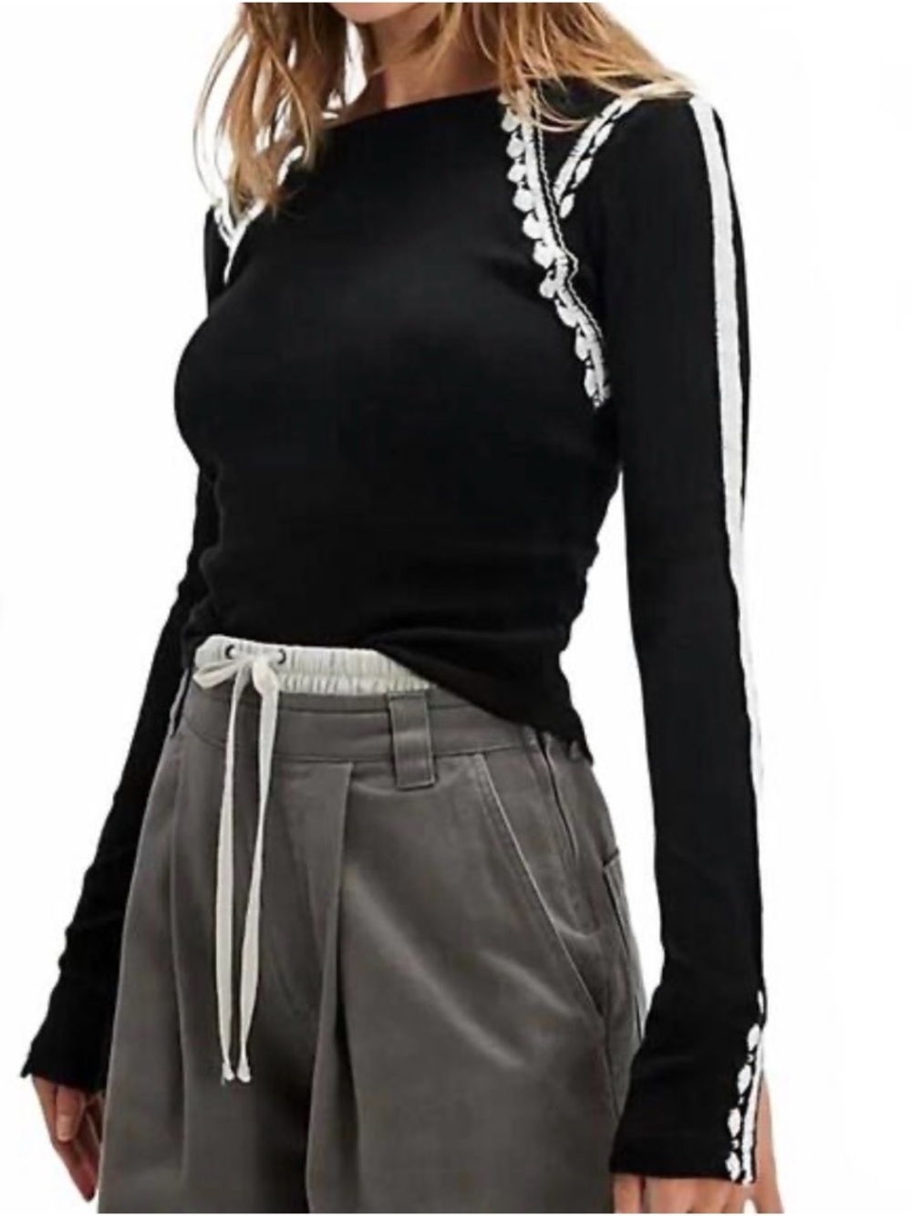 NWT Free People Lost Love Black Long-Sleeve Crewneck Top with White Trim